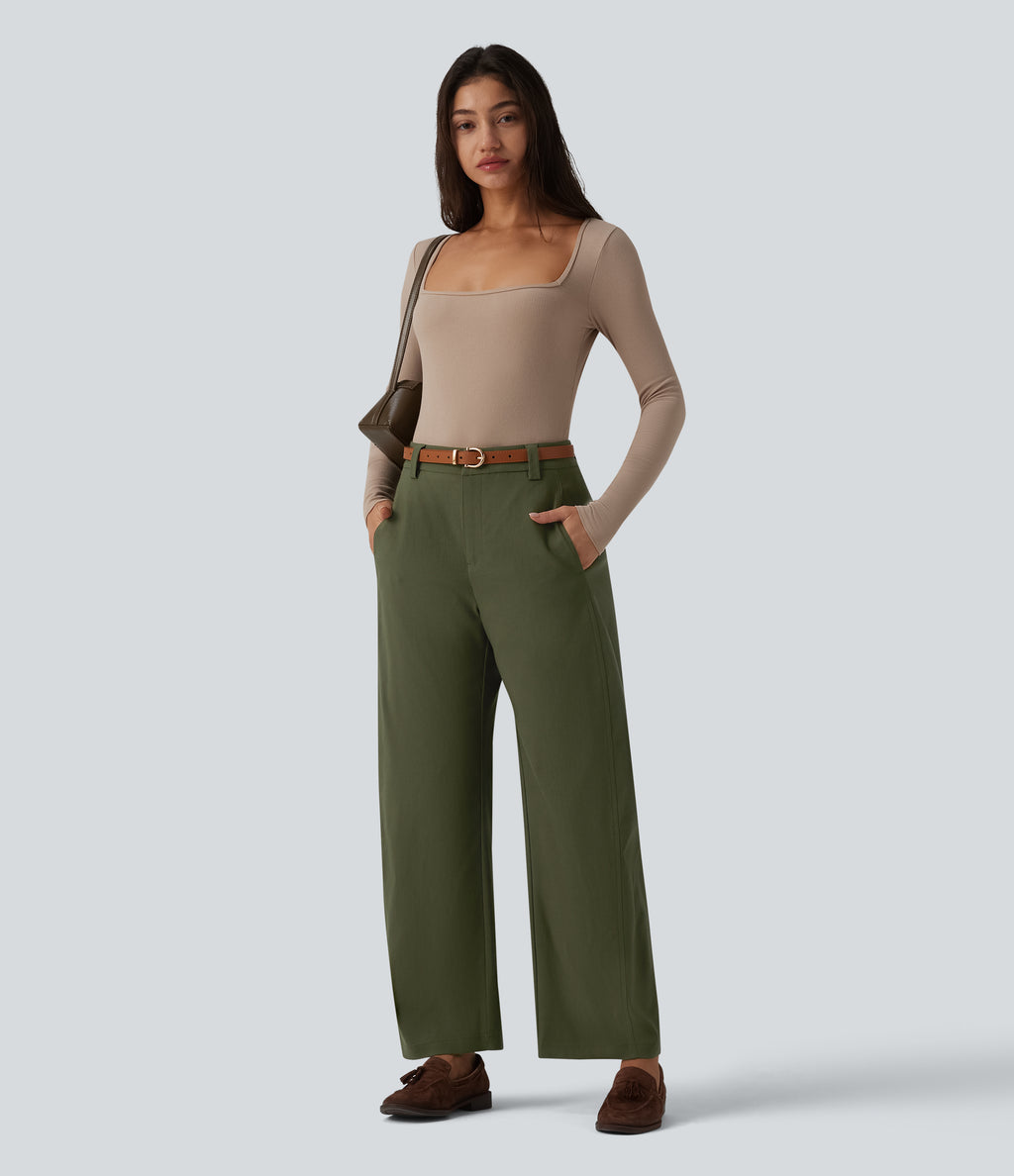 Mid Rise Work Barrel Leg Trousers with Pockets — Twilight Green — view 6