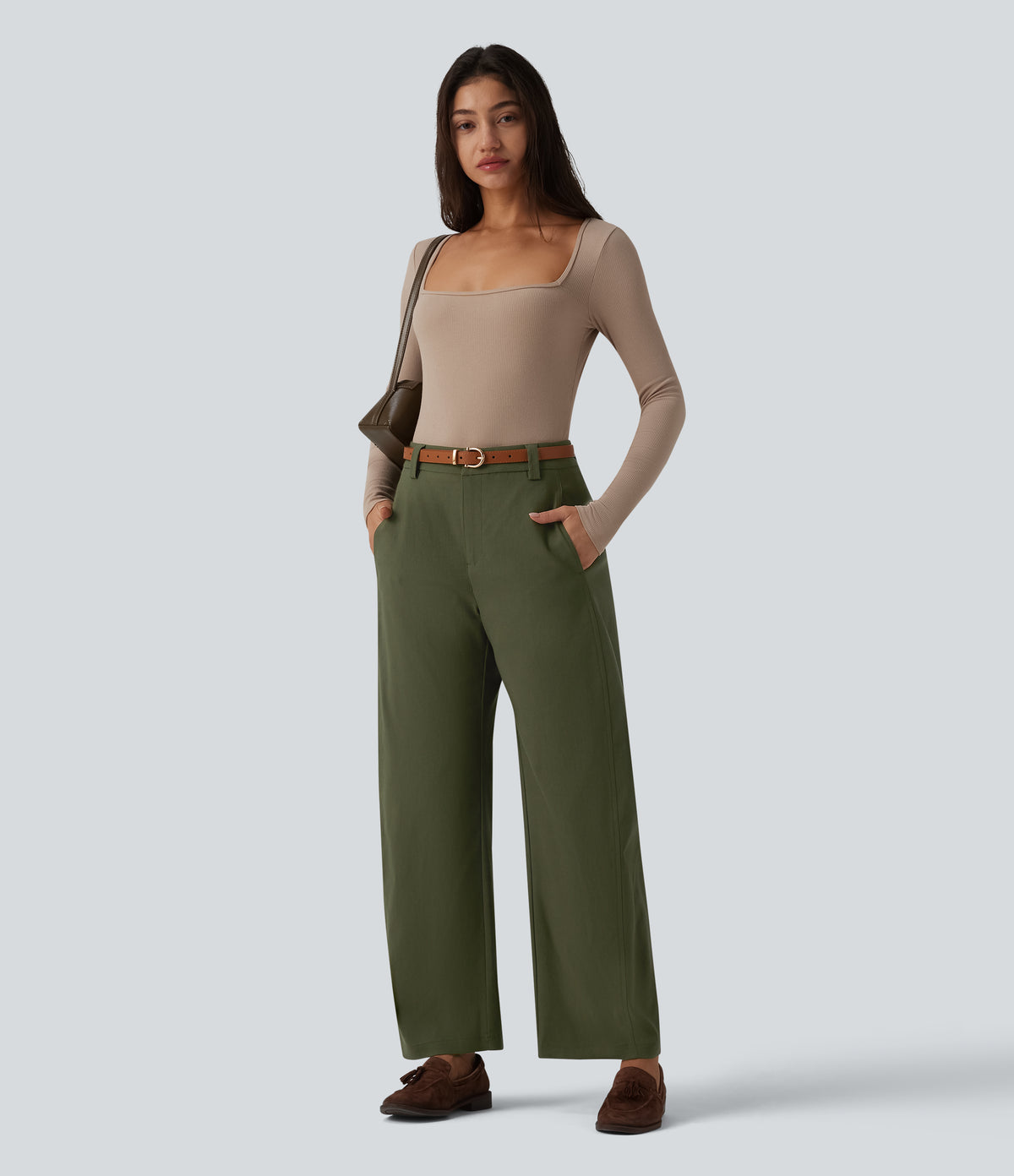 Mid Rise Work Barrel Leg Trousers with Pockets — Twilight Green — view 6