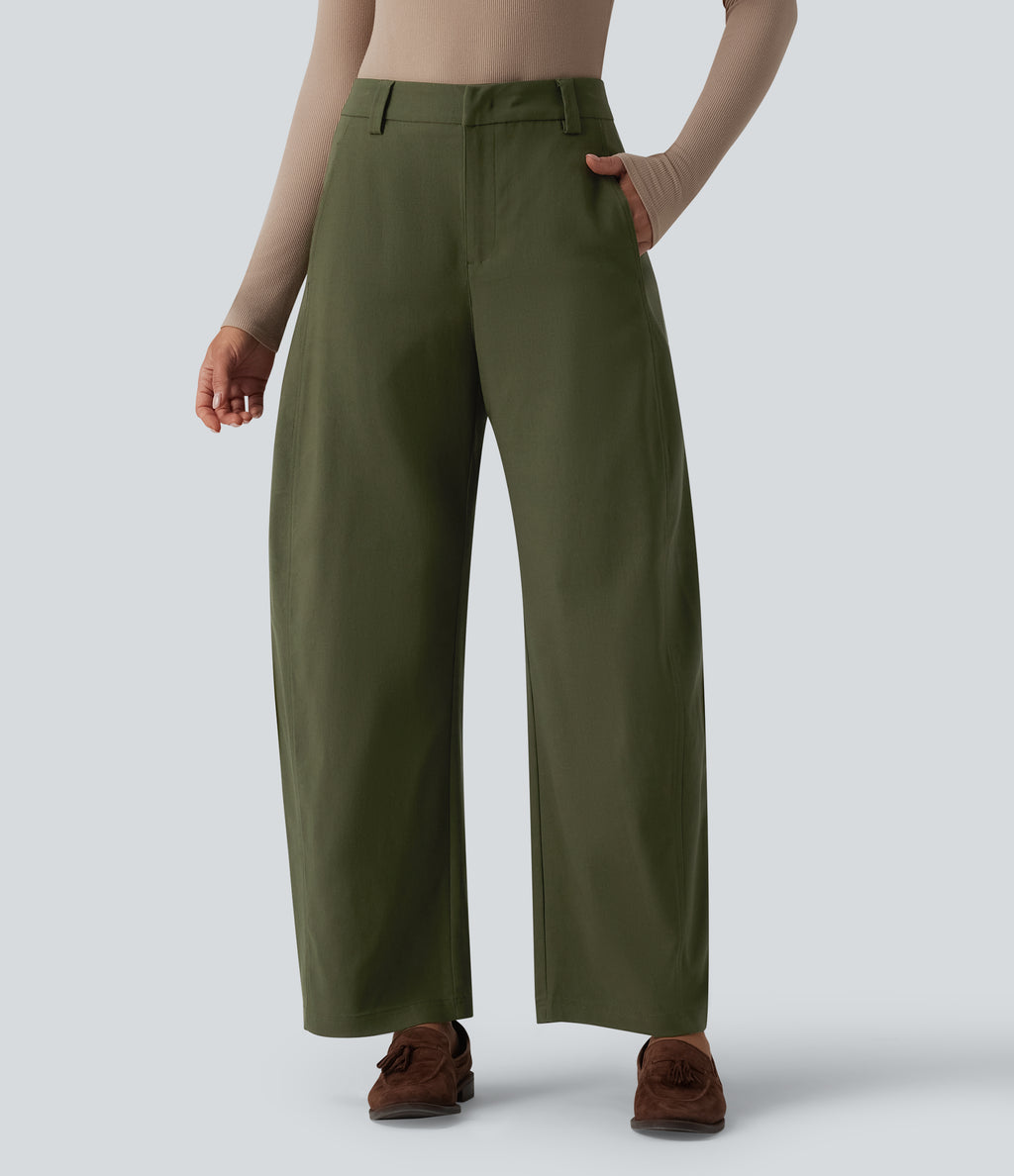 Mid Rise Work Barrel Leg Trousers with Pockets — Twilight Green — view 1