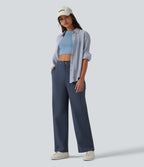 High Waisted Casual Straight Leg Trousers with Pockets — Faded Blue — view 6