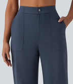 High Waisted Casual Straight Leg Trousers with Pockets — Faded Blue — view 4
