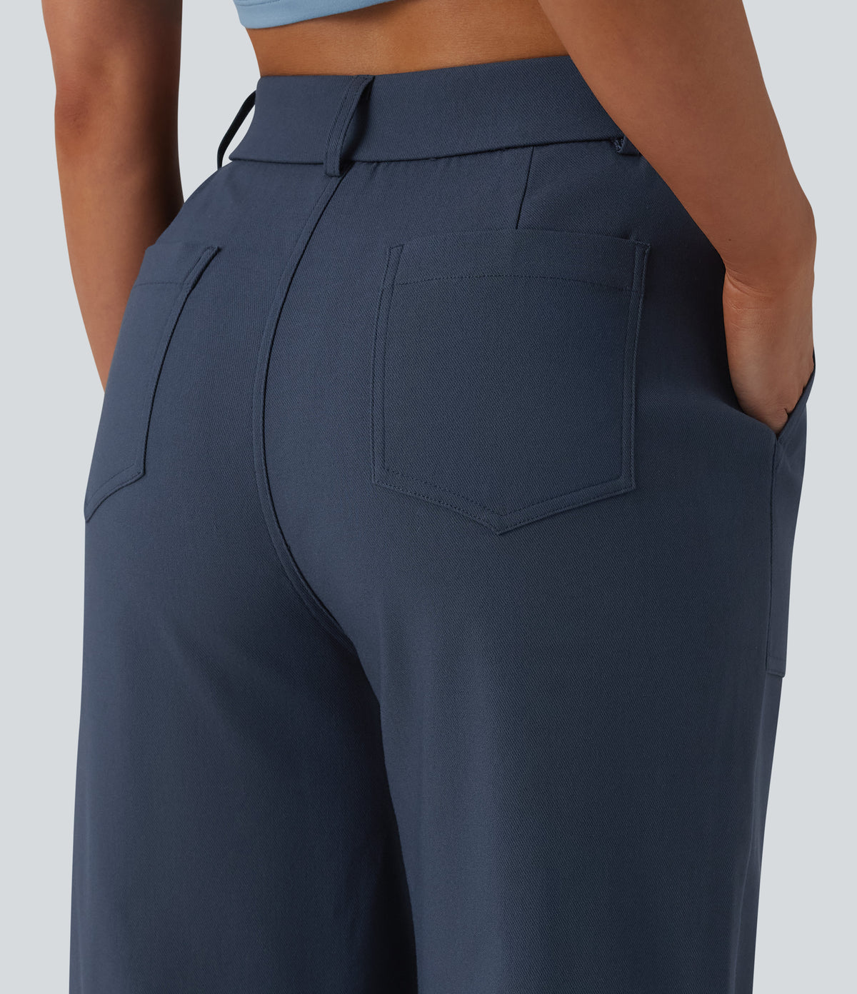 High Waisted Casual Straight Leg Trousers with Pockets — Faded Blue — view 5