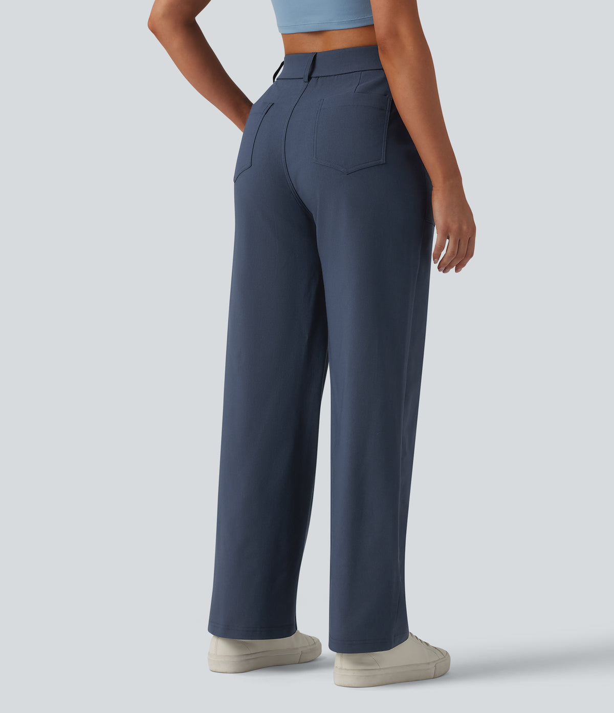 High Waisted Casual Straight Leg Trousers with Pockets — Faded Blue — view 2