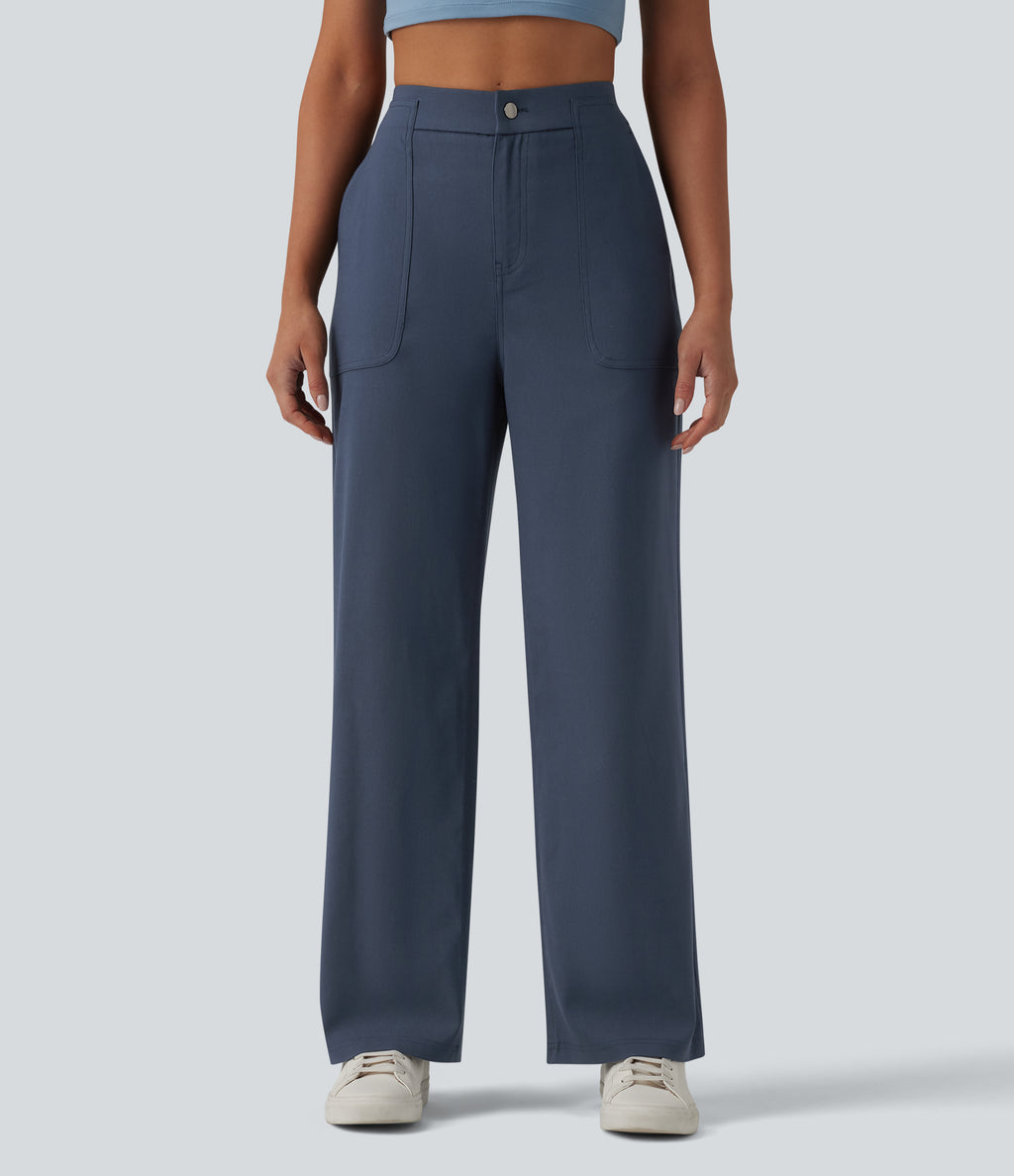 High Waisted Casual Straight Leg Trousers with Pockets — Faded Blue — view 1
