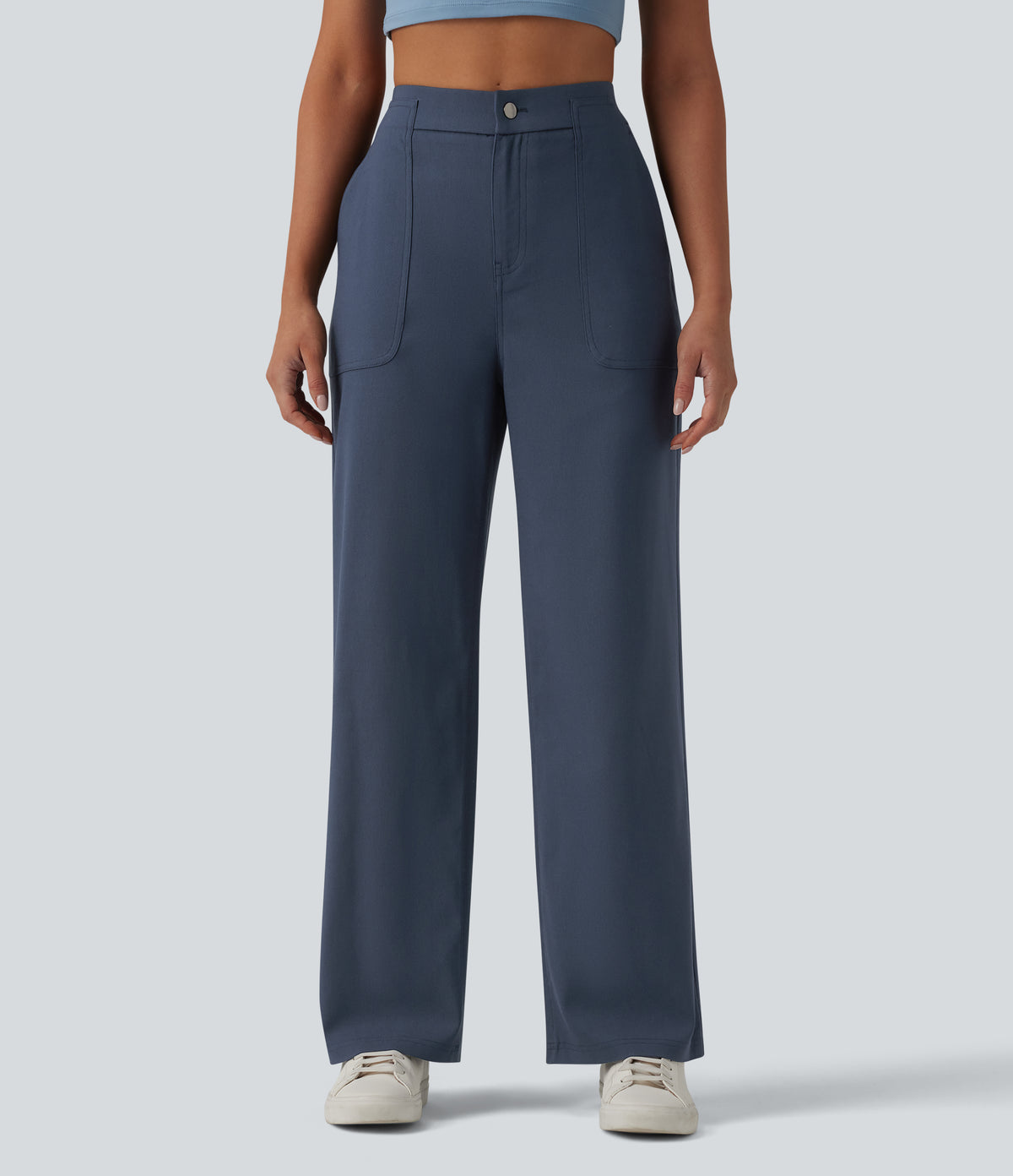 High Waisted Casual Straight Leg Trousers with Pockets — Faded Blue — view 1