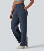 High Waisted Casual Straight Leg Trousers with Pockets — Faded Blue — view 3