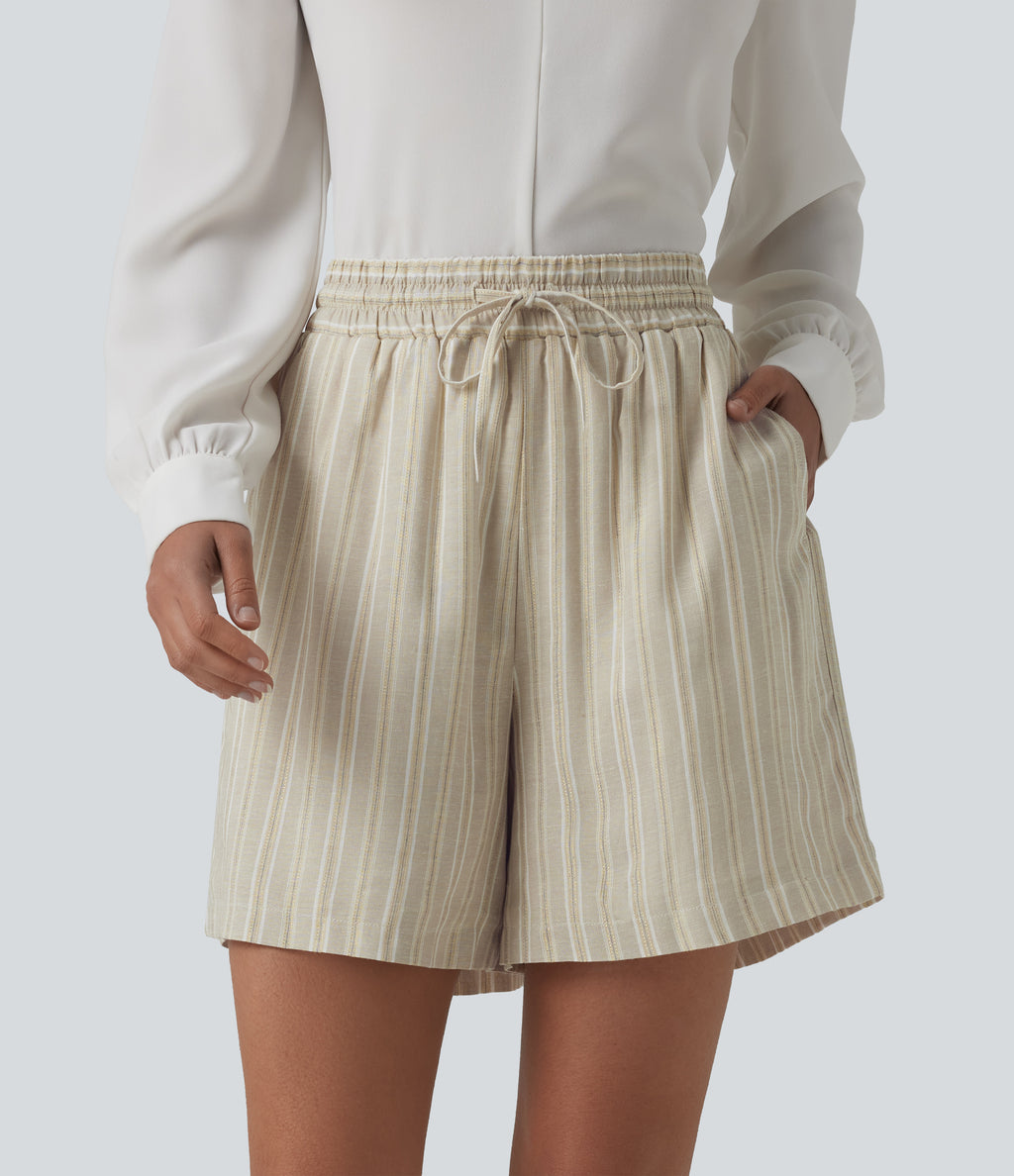 High Waisted Drawstring Stripes Linen Work Baggy Shorts with Pockets — Dune Olive Stripe — view 1