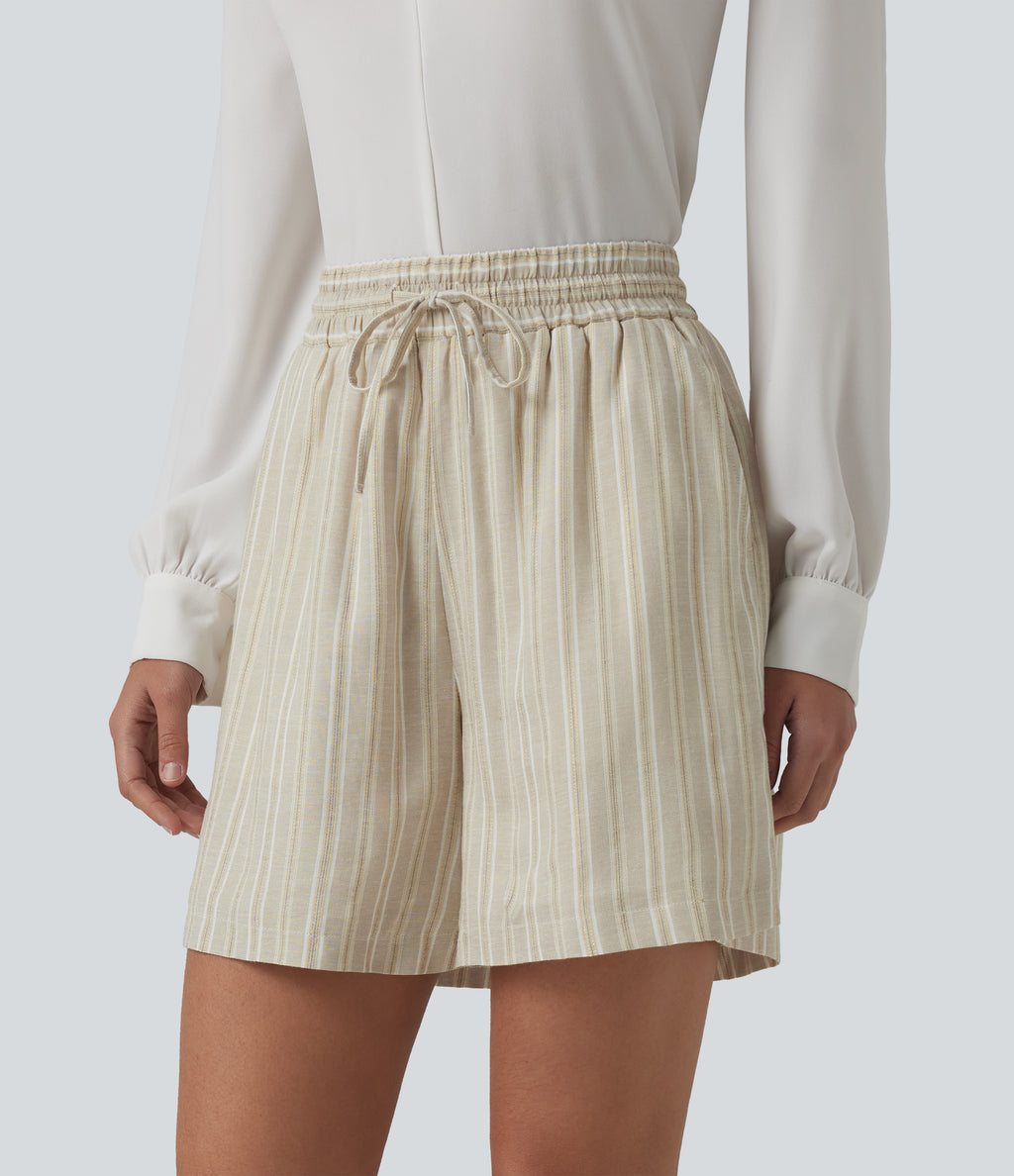 High Waisted Drawstring Stripes Linen Work Baggy Shorts with Pockets — Dune Olive Stripe — view 3