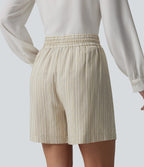 High Waisted Drawstring Stripes Linen Work Baggy Shorts with Pockets — Dune Olive Stripe — view 2