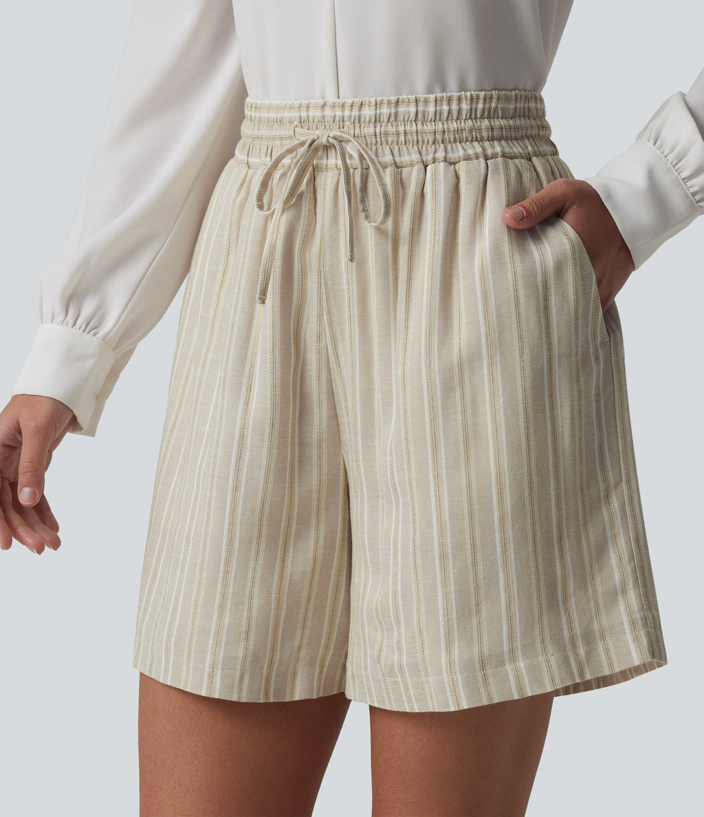 High Waisted Drawstring Stripes Linen Work Baggy Shorts with Pockets — Dune Olive Stripe — view 4