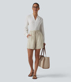 High Waisted Drawstring Stripes Linen Work Baggy Shorts with Pockets — Dune Olive Stripe — view 5
