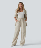 High Waisted Drawstring Stripes Linen Work Baggy Trousers with Pockets — Dune Olive Stripe — view 6