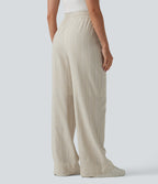 High Waisted Drawstring Stripes Linen Work Baggy Trousers with Pockets — Dune Olive Stripe — view 2
