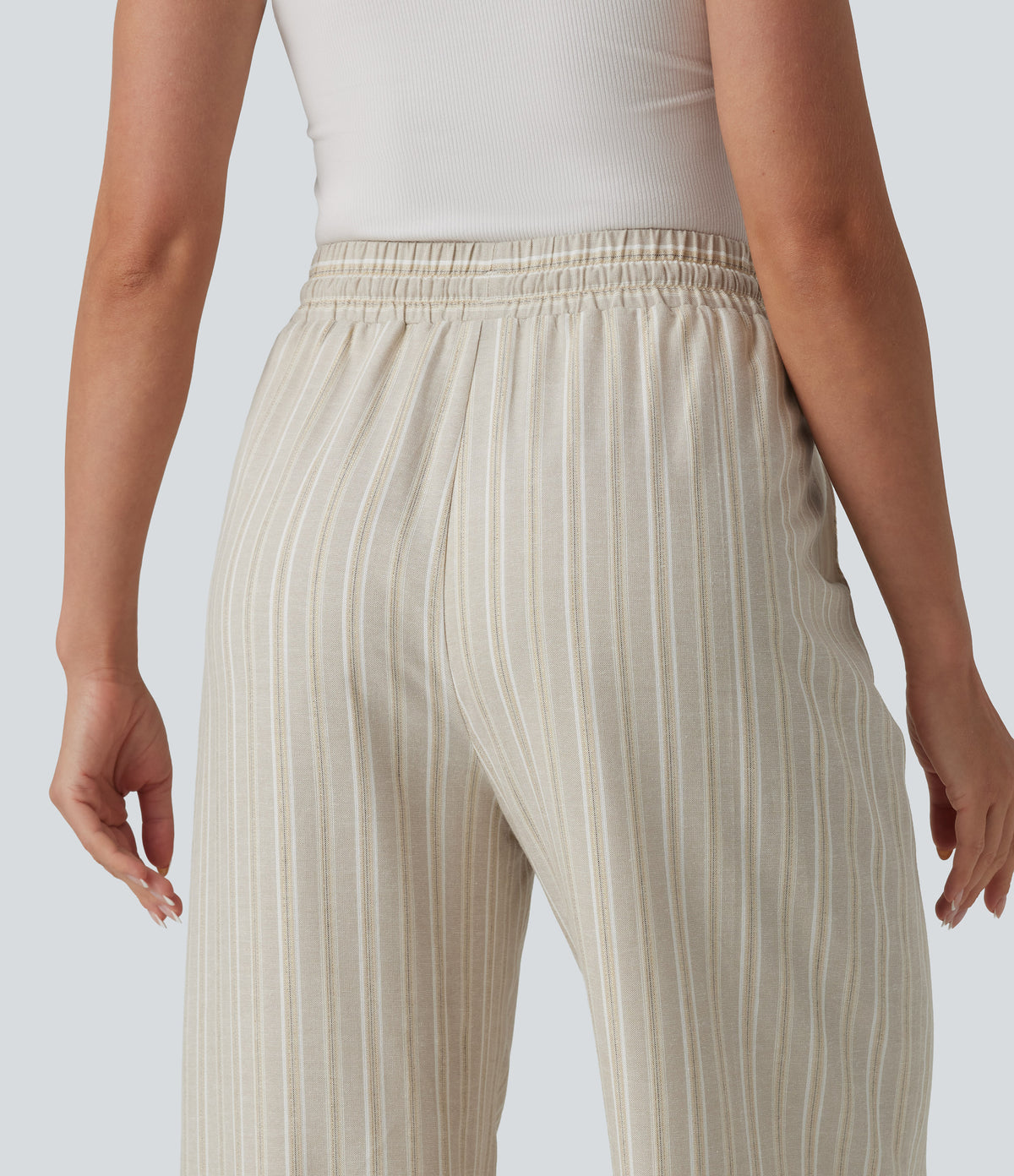 High Waisted Drawstring Stripes Linen Work Baggy Trousers with Pockets — Dune Olive Stripe — view 5