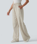 High Waisted Drawstring Stripes Linen Work Baggy Trousers with Pockets — Dune Olive Stripe — view 3