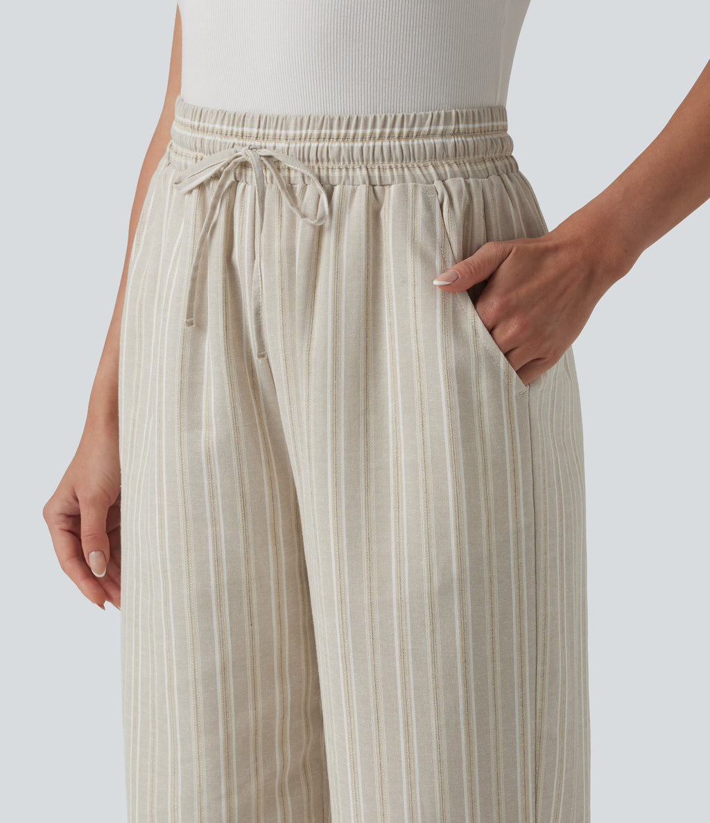 High Waisted Drawstring Stripes Linen Work Baggy Trousers with Pockets — Dune Olive Stripe — view 4
