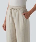 High Waisted Drawstring Stripes Linen Work Baggy Trousers with Pockets — Dune Olive Stripe — view 4