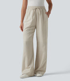 High Waisted Drawstring Stripes Linen Work Baggy Trousers with Pockets — Dune Olive Stripe — view 1