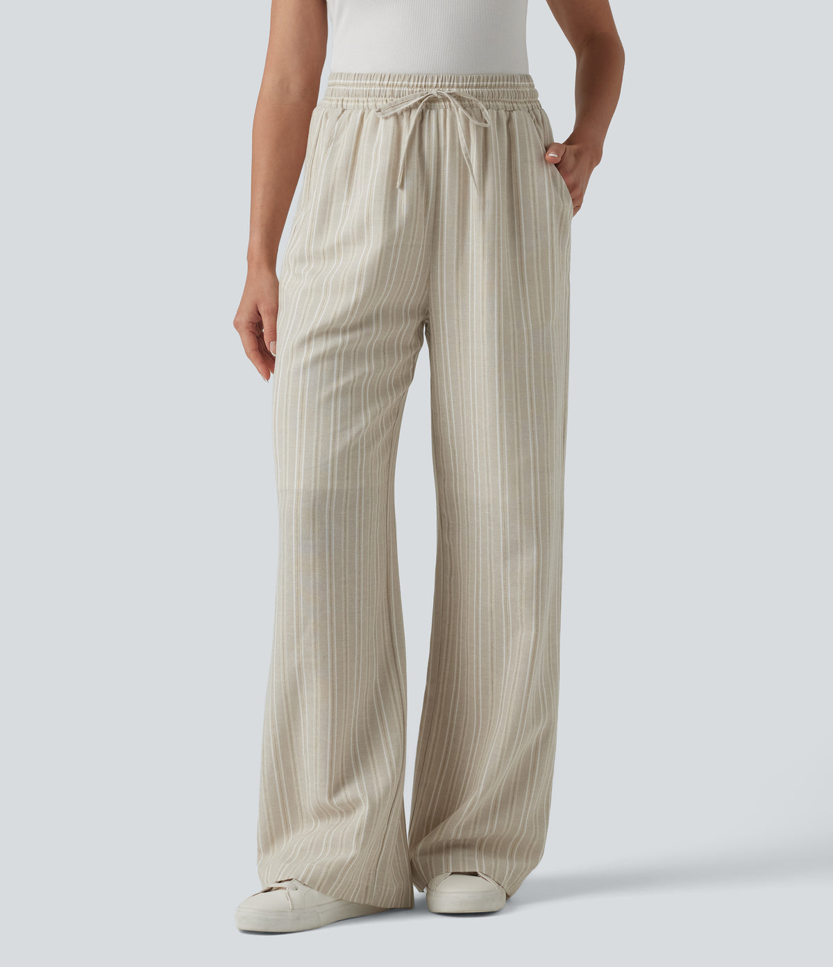 High Waisted Drawstring Stripes Linen Work Baggy Trousers with Pockets — Dune Olive Stripe — view 1