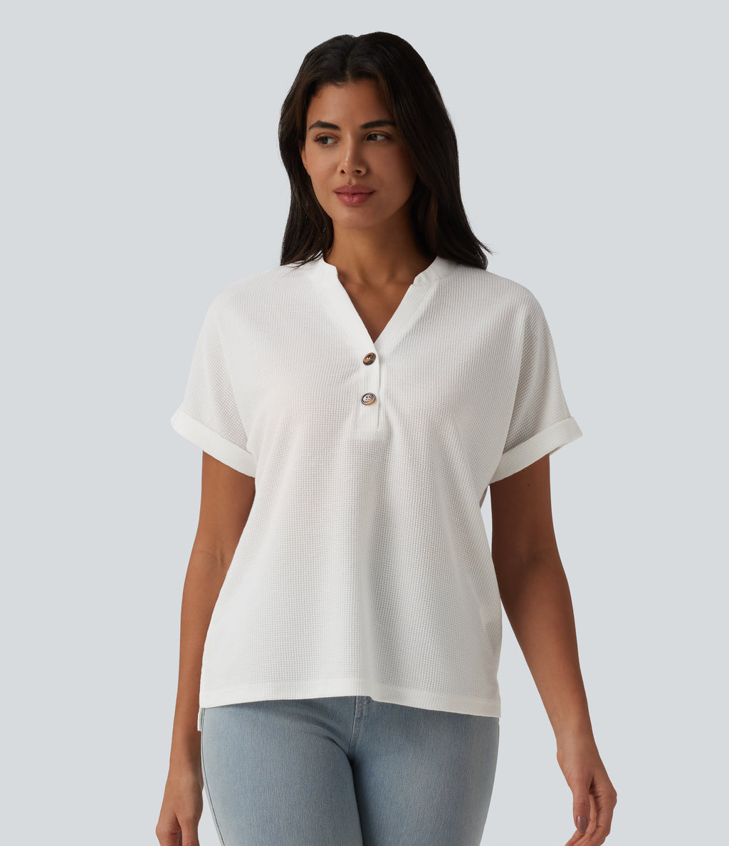 V-neck Button Batwing Sleeve Waffle Casual T-Shirt — White — view 5