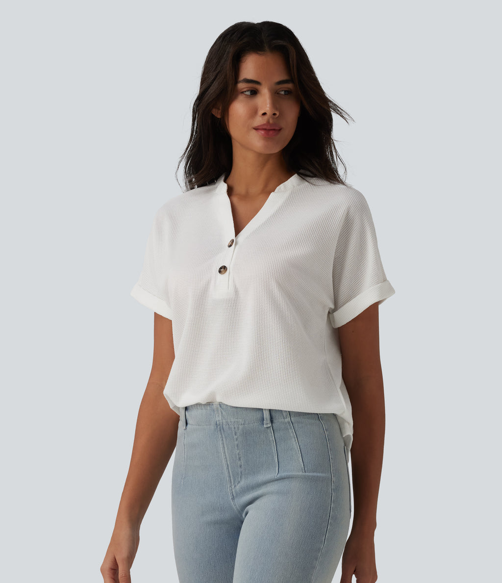 V-neck Button Batwing Sleeve Waffle Casual T-Shirt — White — view 4