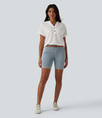 V-neck Button Batwing Sleeve Waffle Casual T-Shirt — White — view 6