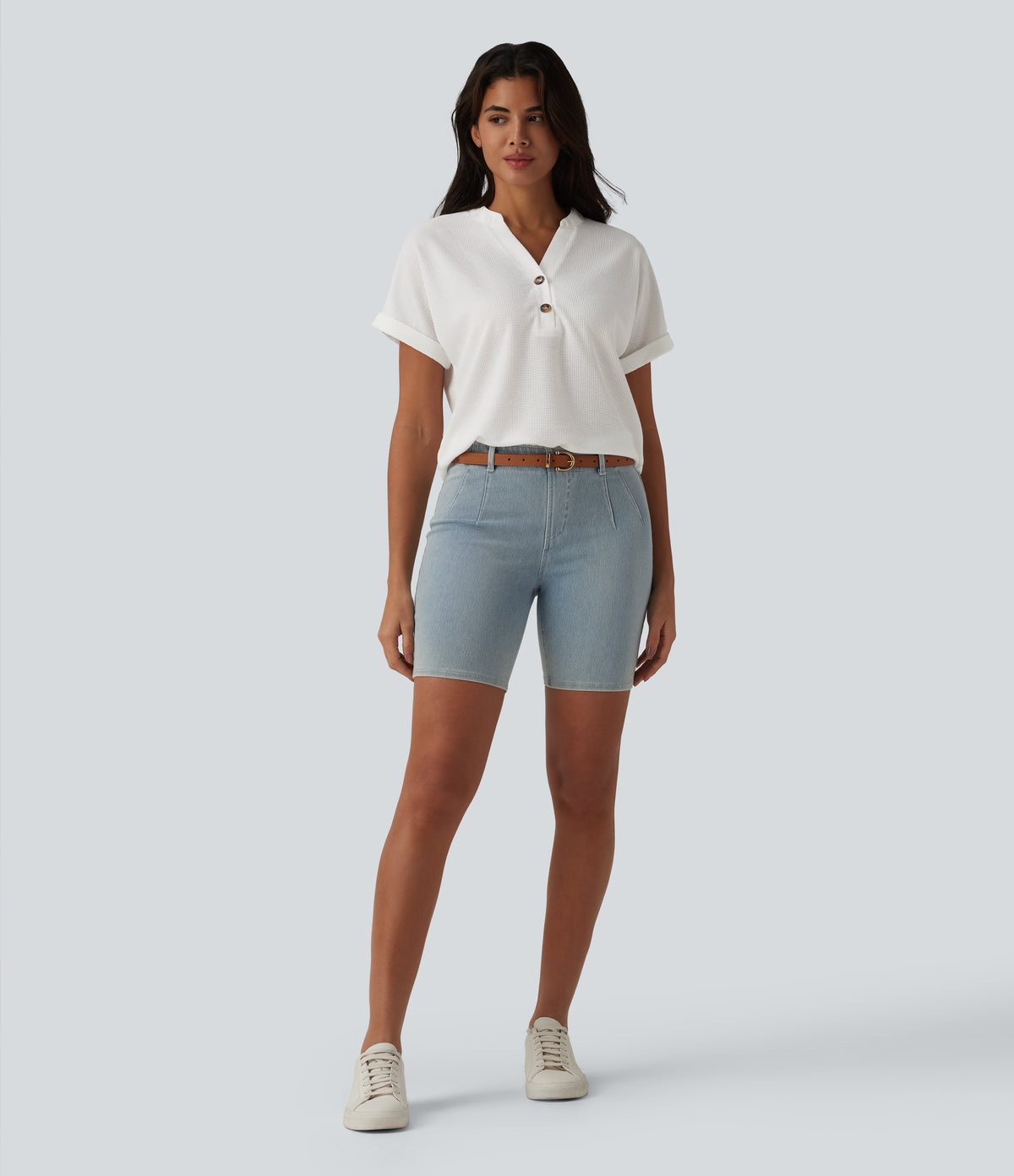 V-neck Button Batwing Sleeve Waffle Casual T-Shirt — White — view 6
