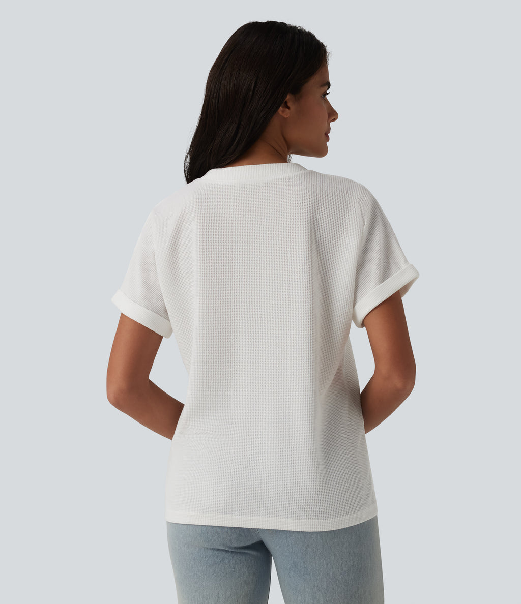 V-neck Button Batwing Sleeve Waffle Casual T-Shirt — White — view 2