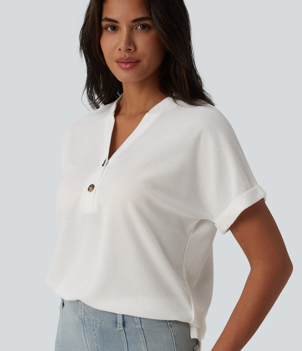 V-neck Button Batwing Sleeve Waffle Casual T-Shirt — White — view 1