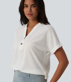 V-neck Button Batwing Sleeve Waffle Casual T-Shirt — White — view 1
