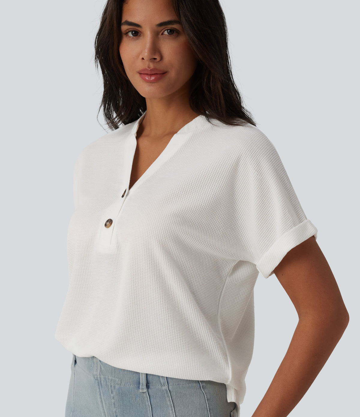V-neck Button Batwing Sleeve Waffle Casual T-Shirt — White — view 1