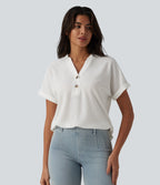 V-neck Button Batwing Sleeve Waffle Casual T-Shirt — White — view 3