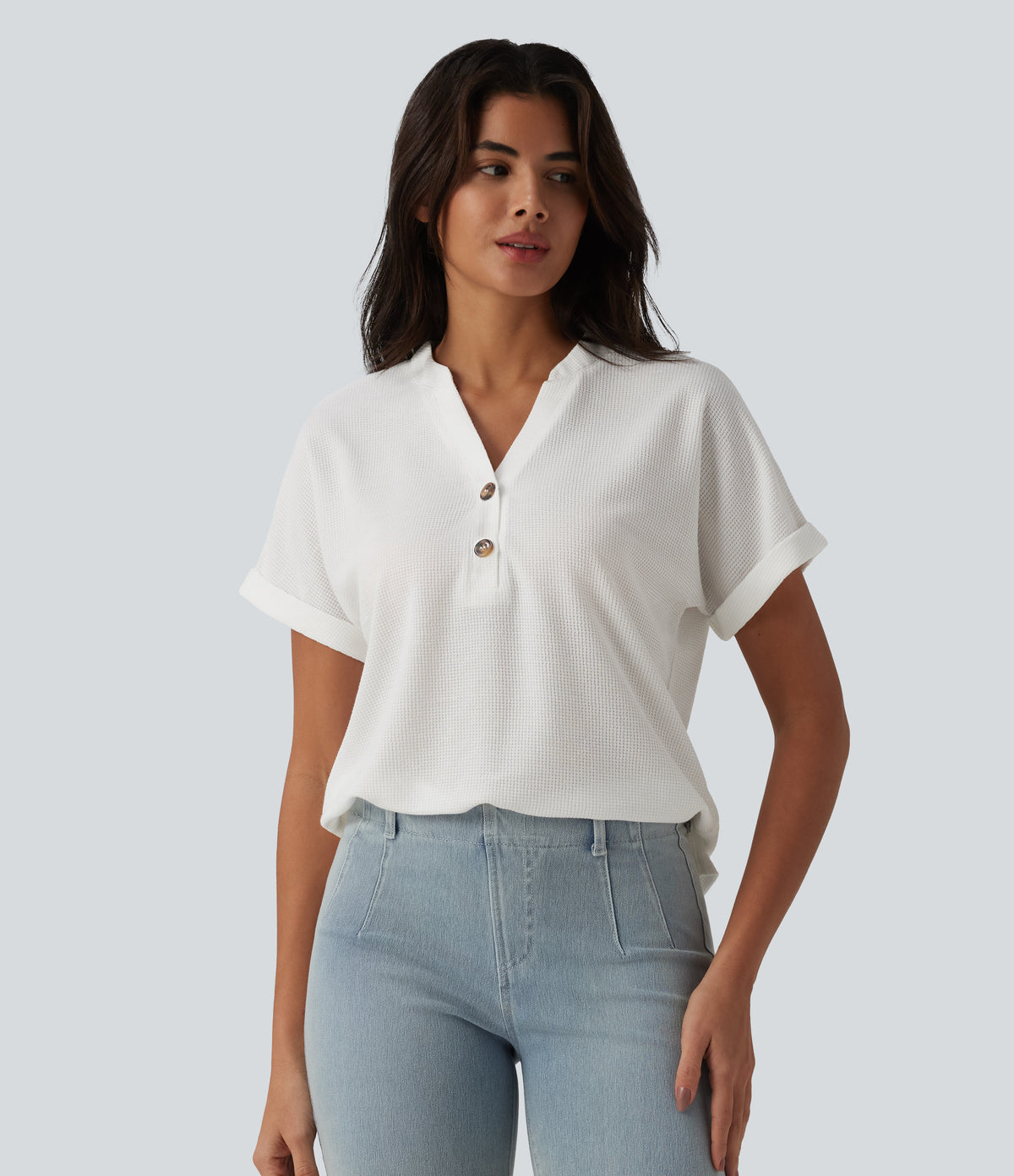 V-neck Button Batwing Sleeve Waffle Casual T-Shirt — White — view 3