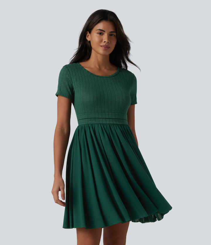 Round Neck Short Sleeve Contrast Mesh Mini Casual Flowy Dress — Mottled Greenlake — view 1