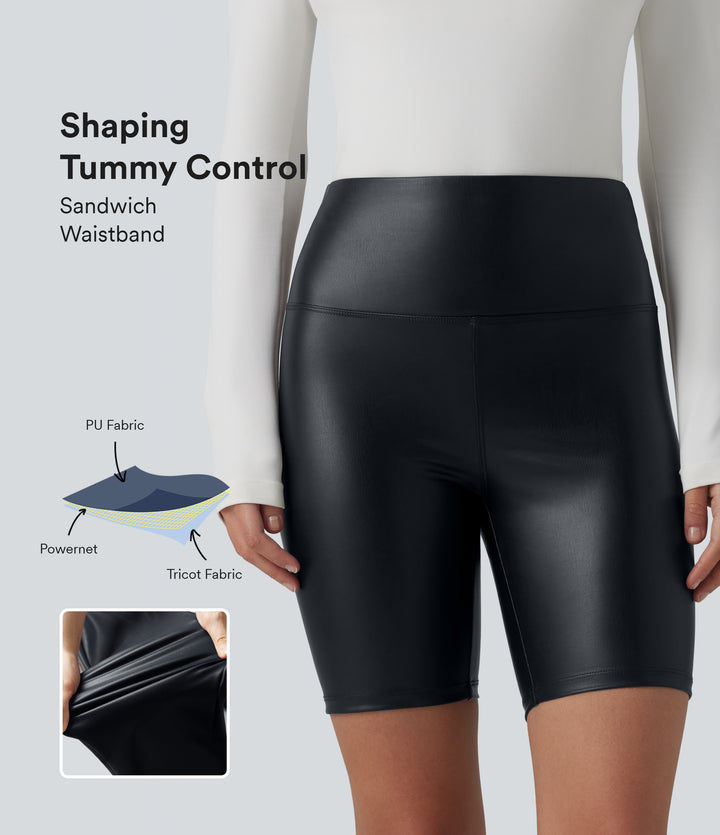 High Waisted Tummy Control Stretchy PU Casual Biker Shorts 7'' with Pockets — Ink Night Blue — view 1