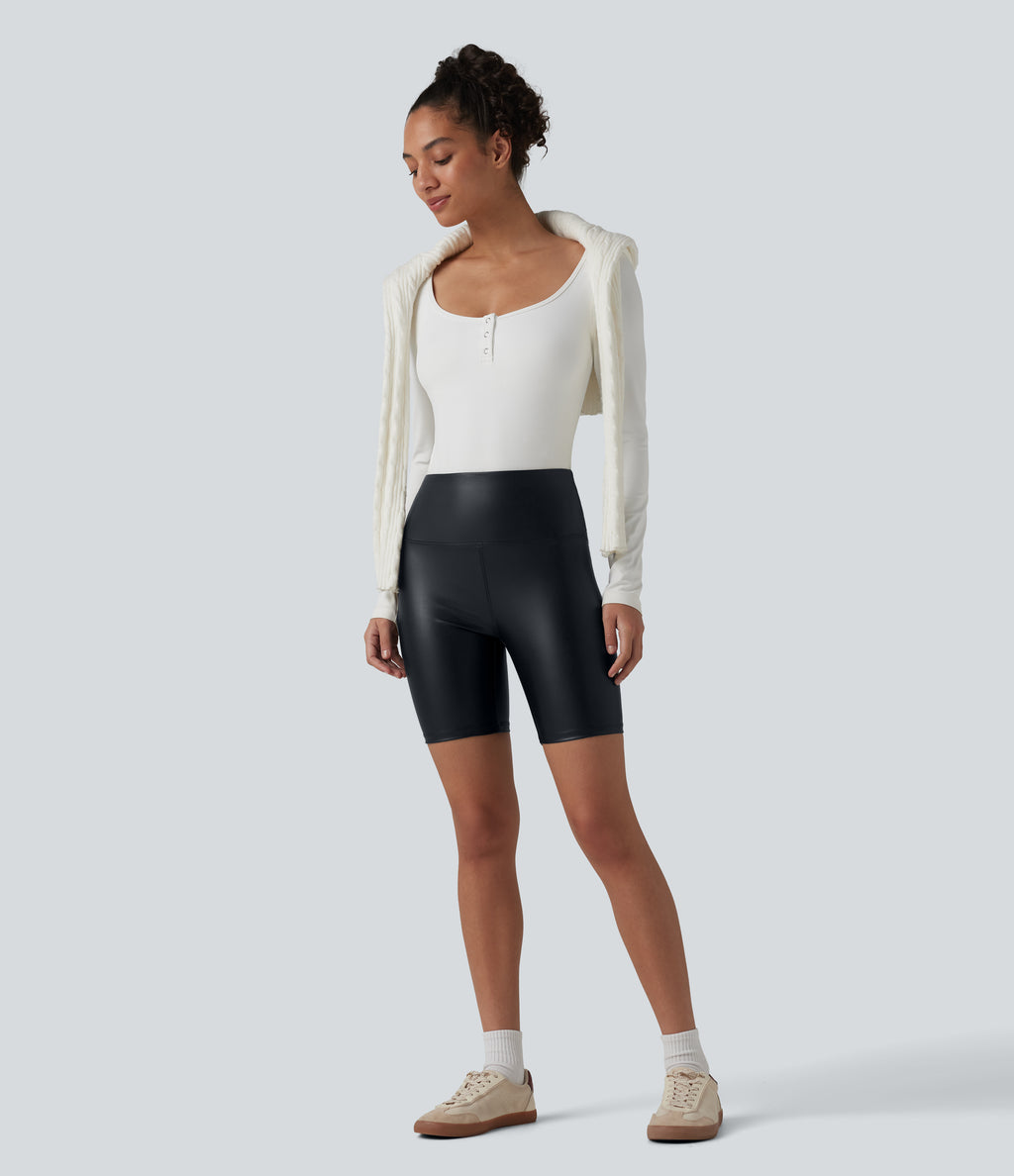High Waisted Tummy Control Stretchy PU Casual Biker Shorts 7'' with Pockets — Ink Night Blue — view 7