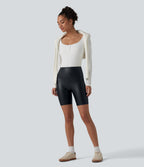High Waisted Tummy Control Stretchy PU Casual Biker Shorts 7'' with Pockets — Ink Night Blue — view 7