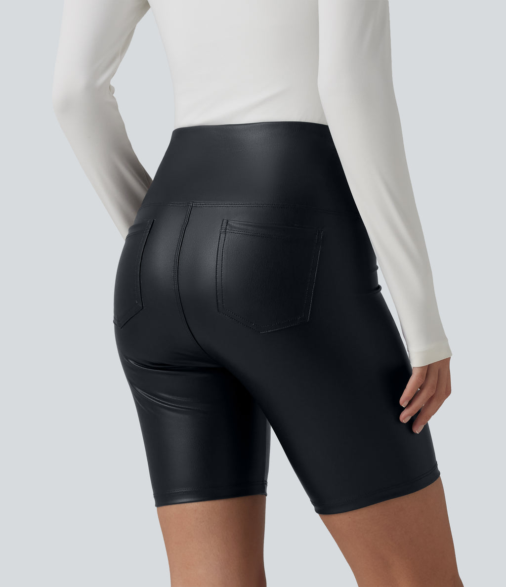 High Waisted Tummy Control Stretchy PU Casual Biker Shorts 7'' with Pockets — Ink Night Blue — view 3
