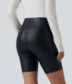 High Waisted Tummy Control Stretchy PU Casual Biker Shorts 7'' with Pockets — Ink Night Blue — view 3