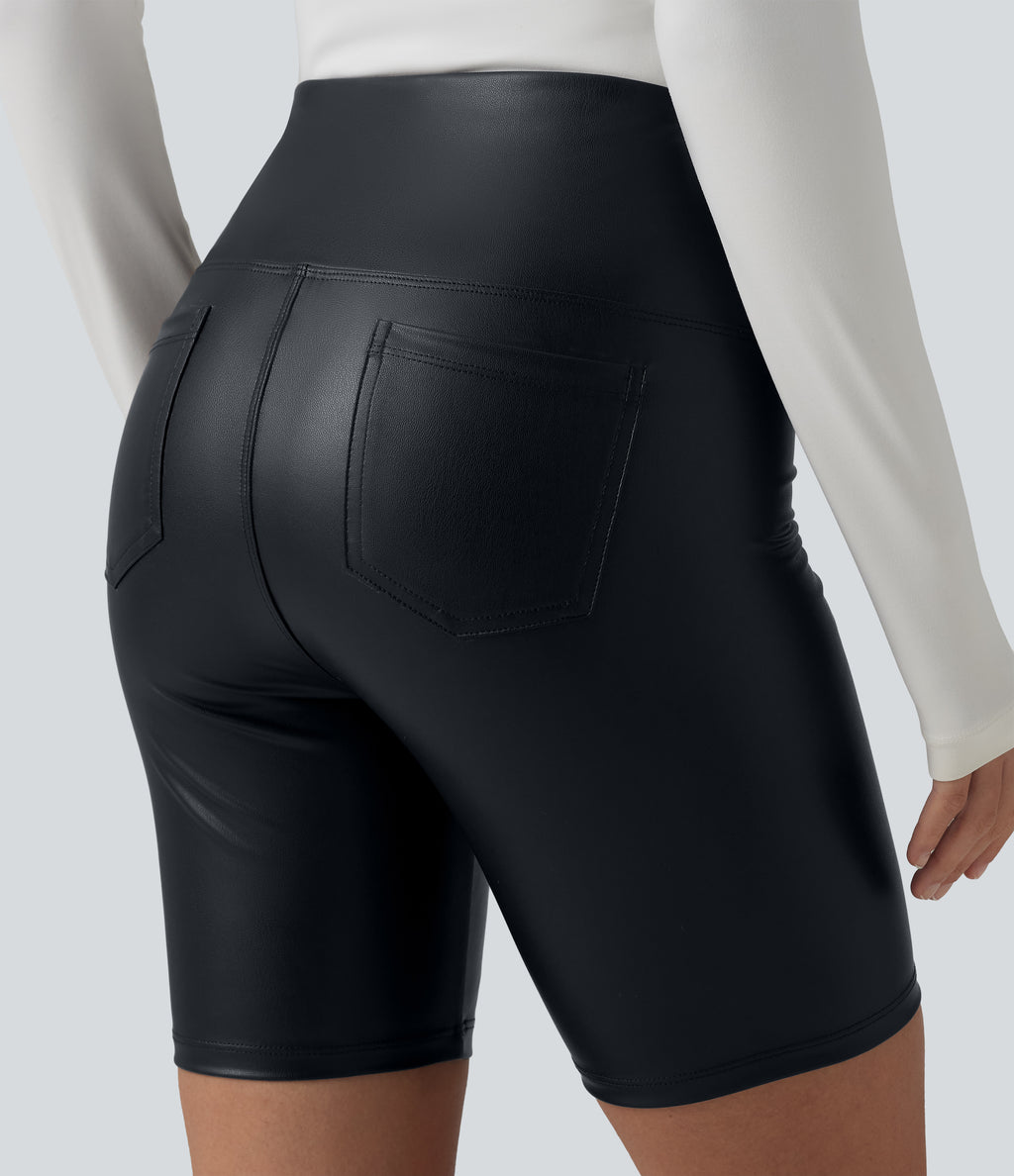 High Waisted Tummy Control Stretchy PU Casual Biker Shorts 7'' with Pockets — Ink Night Blue — view 5