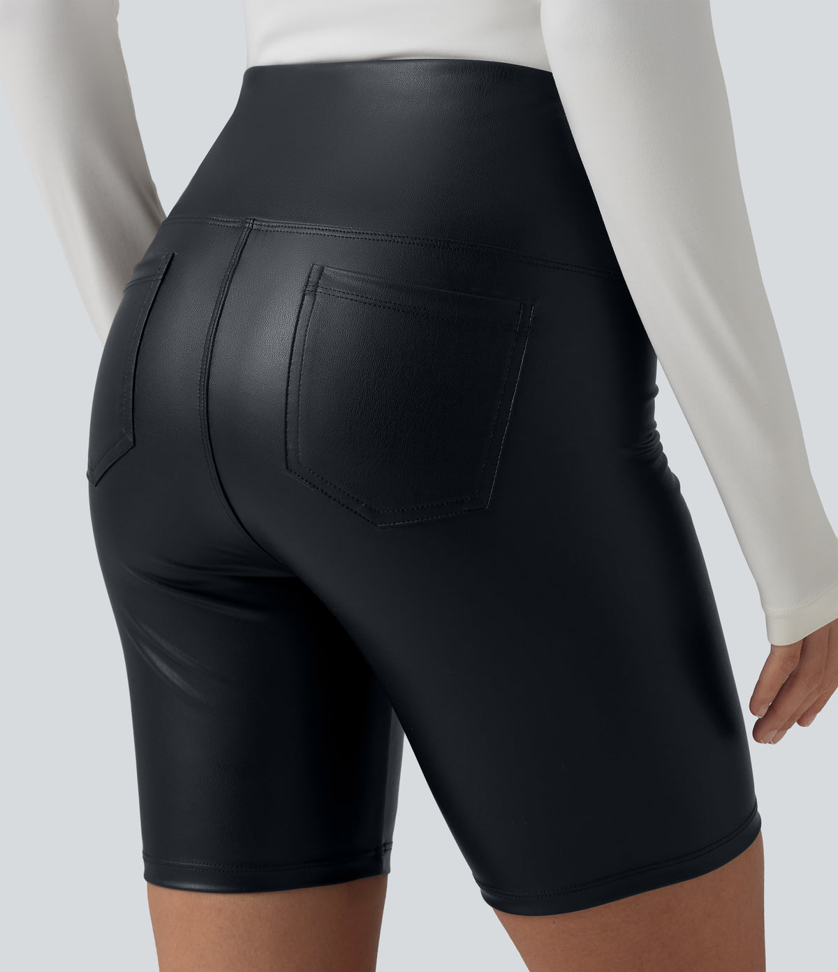 High Waisted Tummy Control Stretchy PU Casual Biker Shorts 7'' with Pockets — Ink Night Blue — view 5