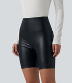 High Waisted Tummy Control Stretchy PU Casual Biker Shorts 7'' with Pockets — Ink Night Blue — view 4