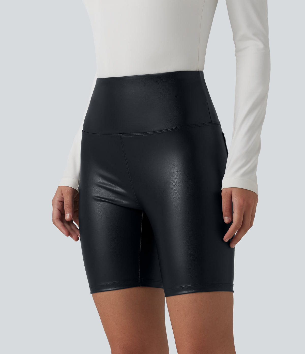 High Waisted Tummy Control Stretchy PU Casual Biker Shorts 7'' with Pockets — Ink Night Blue — view 4