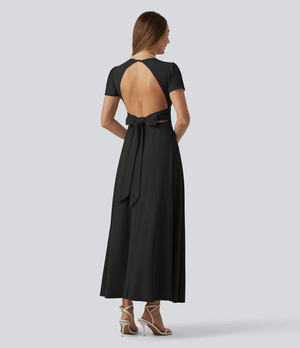 V Neck Short Sleeve Built-in Bra Tie Back Flowy Maxi Dress — Black — view 7