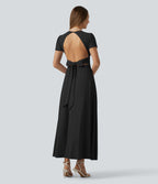 V Neck Short Sleeve Built-in Bra Tie Back Flowy Maxi Dress — Black — view 7