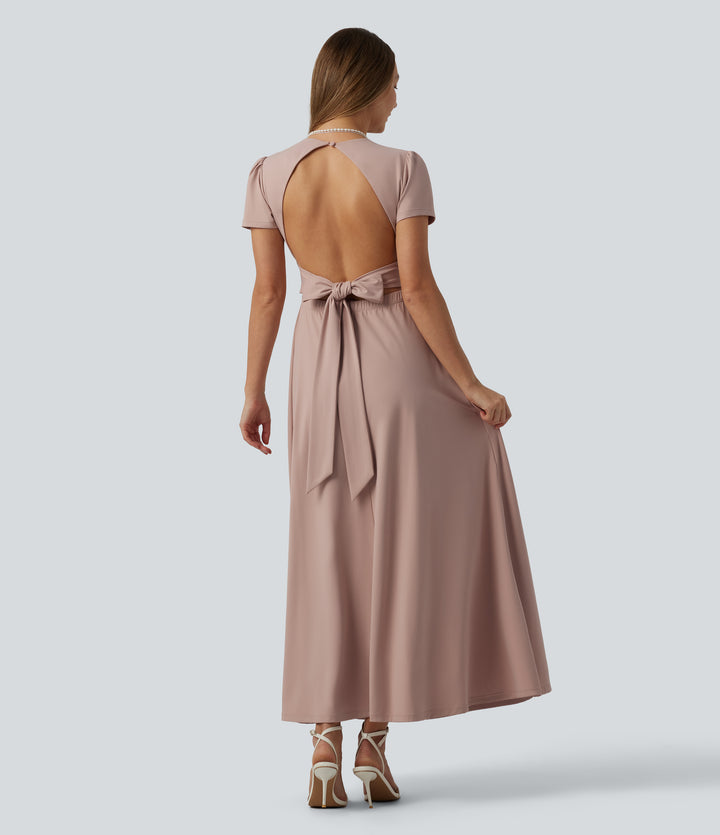 V Neck Short Sleeve Built-in Bra Tie Back Flowy Maxi Dress — Rose Dust — view 1