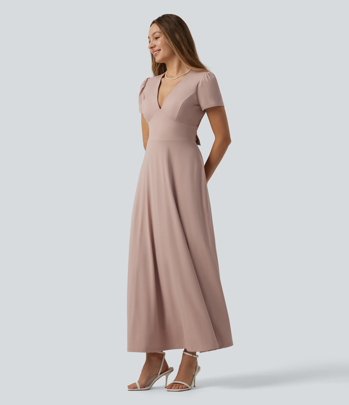 V Neck Short Sleeve Built-in Bra Tie Back Flowy Maxi Dress — Rose Dust — view 3