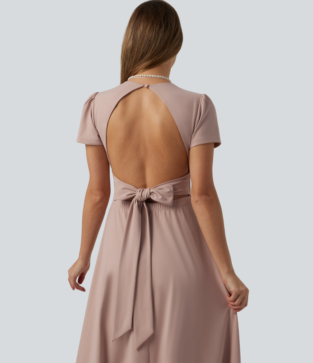 V Neck Short Sleeve Built-in Bra Tie Back Flowy Maxi Dress — Rose Dust — view 4