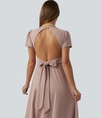 V Neck Short Sleeve Built-in Bra Tie Back Flowy Maxi Dress — Rose Dust — view 4