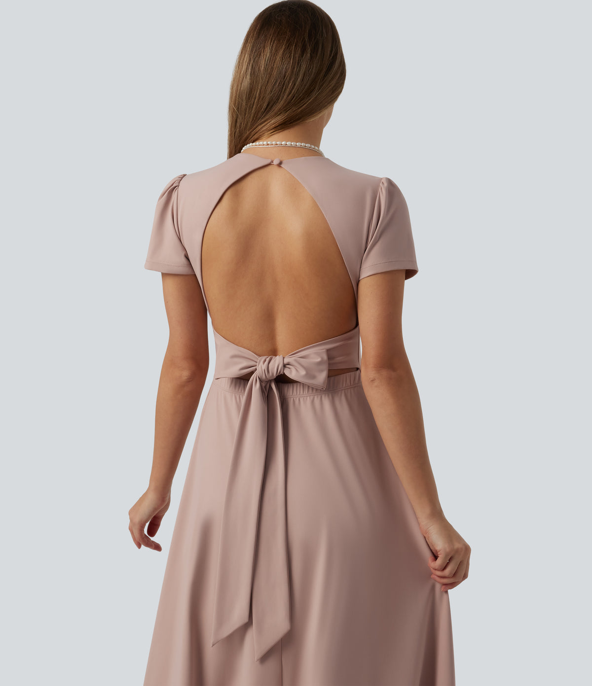 V Neck Short Sleeve Built-in Bra Tie Back Flowy Maxi Dress — Rose Dust — view 4